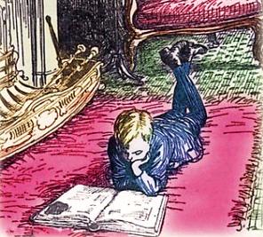 Children's Books, Boy With Book, detail from book cover of Dream Days by Kenneth Grahame, ill. by E. H. Shepard